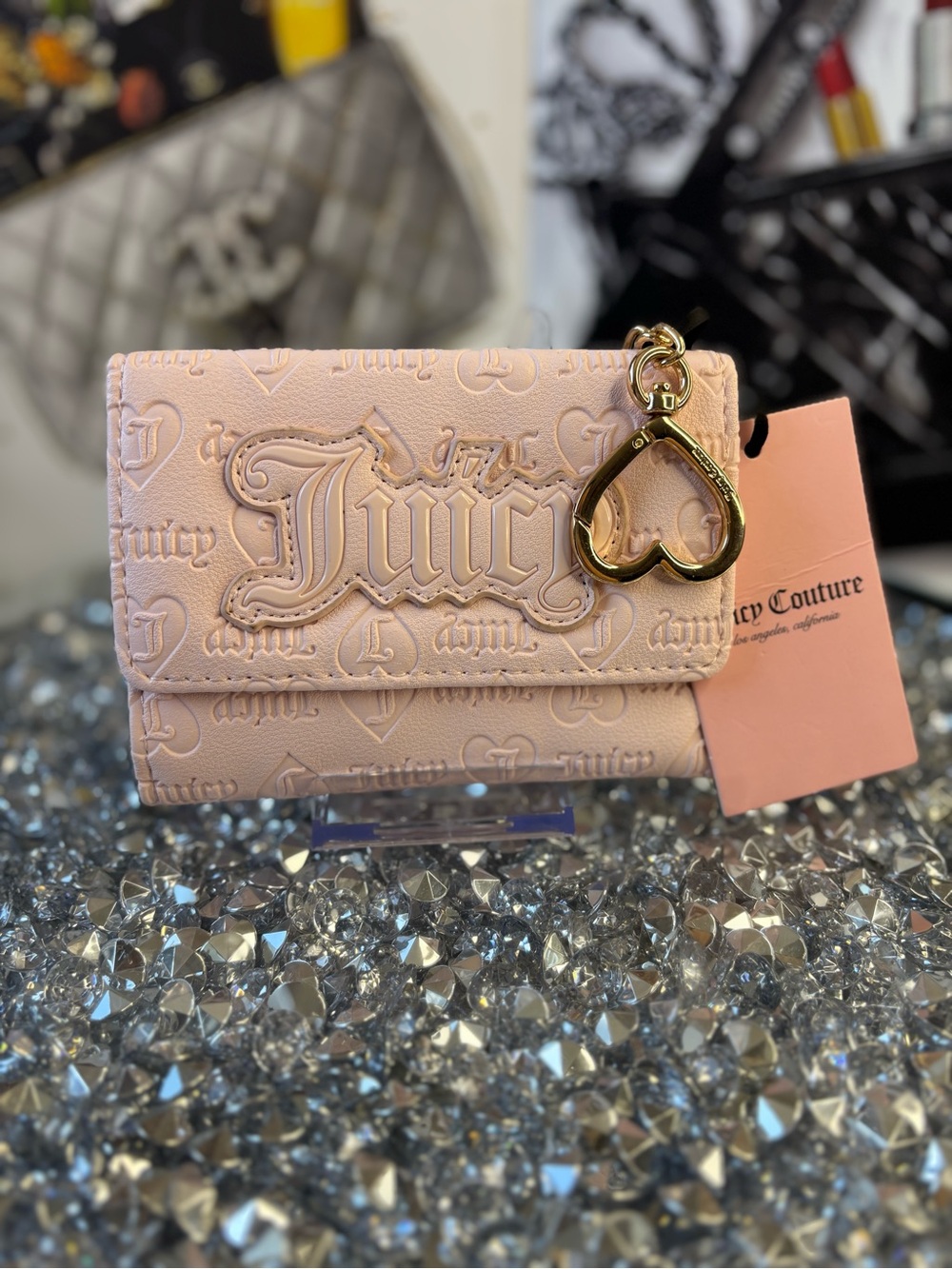 Juicy Couture Blush Pink Embossed Mini Wallet with Gold Heart Charm NWT